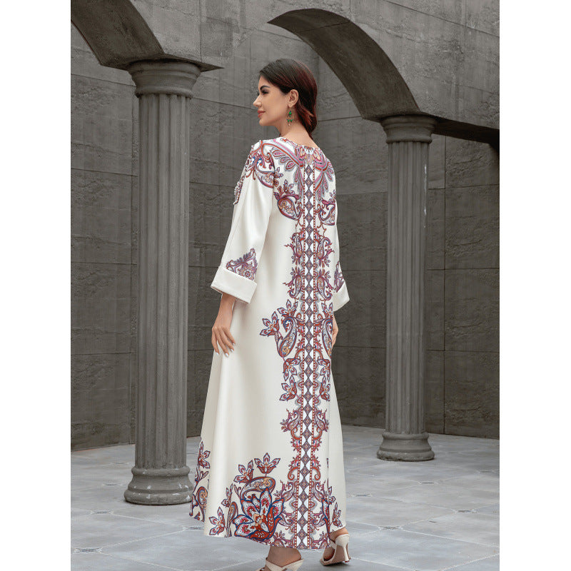 Sw0826 Middle East Cross-Border Muslim Women's Robe Elegant Printed Beaded Dress Dubai Export Abaya