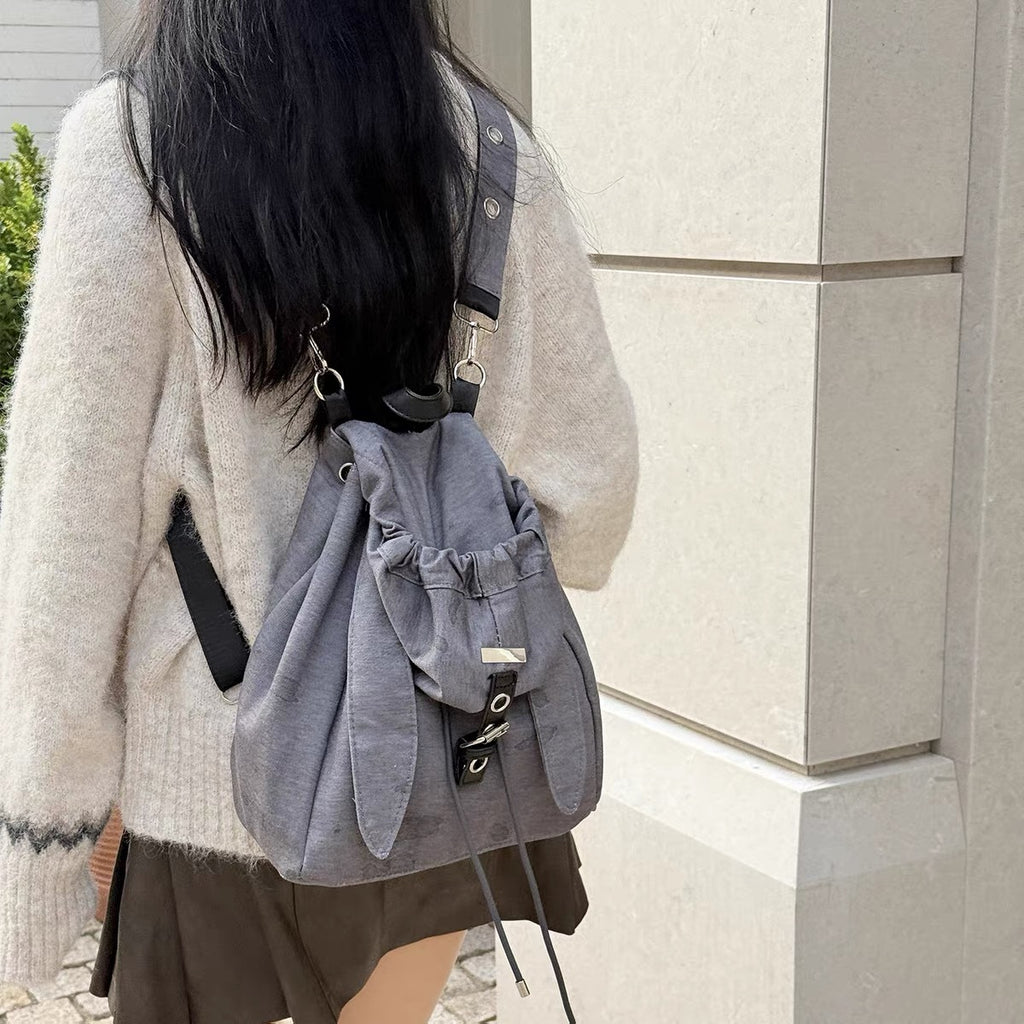 Retro Cute Rabbit Ears Backpack 2025 Niche Design Drawstring Casual Large Capacity Diagonal Backpack