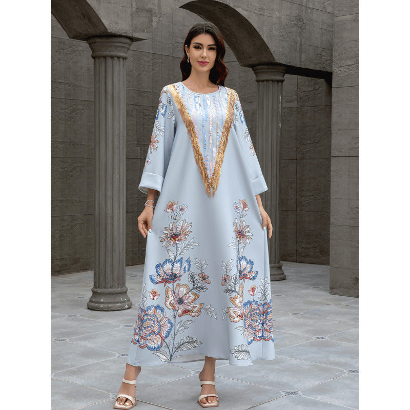 Sw0830 Middle Eastern Cross-Border Muslim Women's Long Robe Amazon Dubai European and American Printed Beaded Dress with Rhinestones