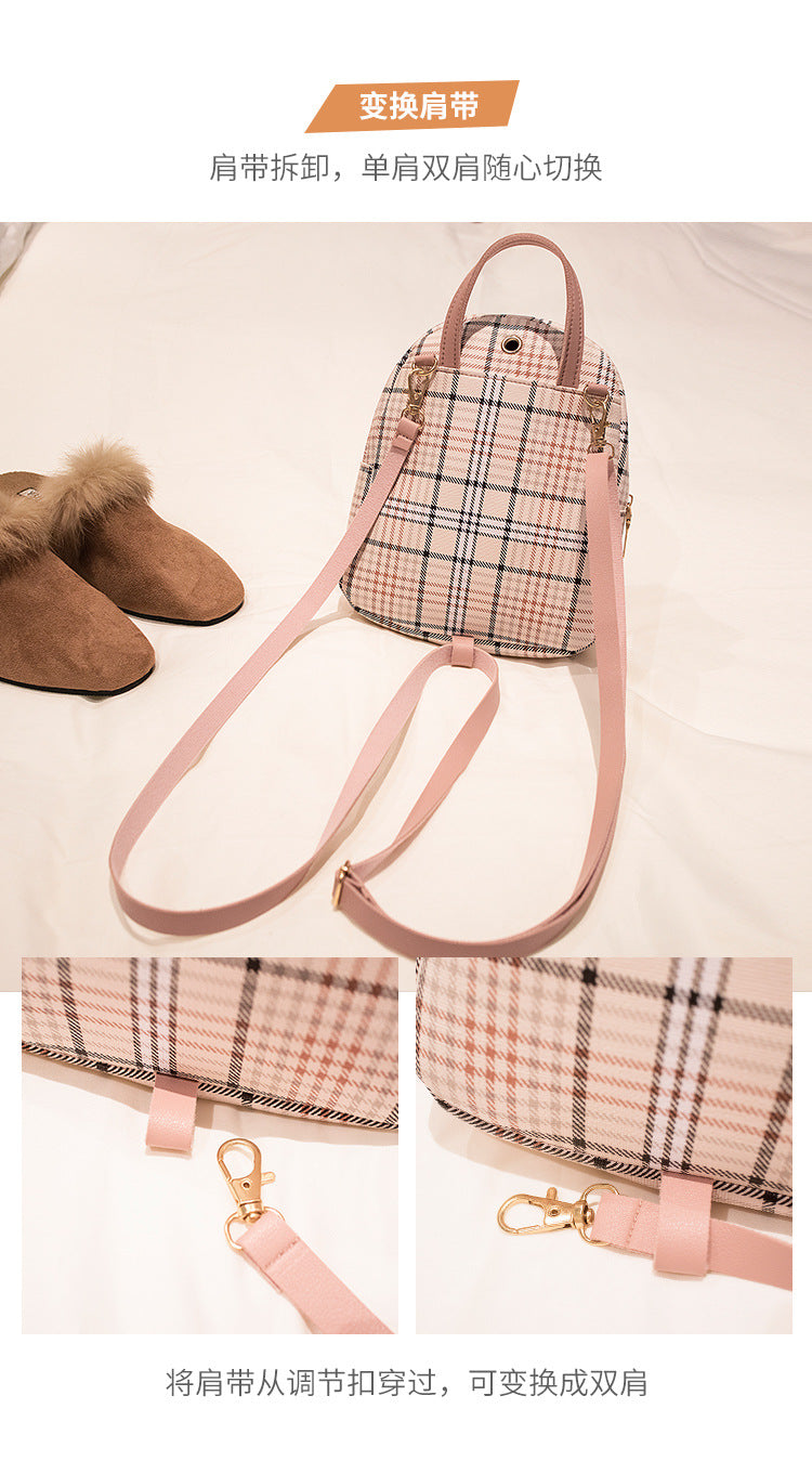Small School Bag 2024 Korean Style Fashionable Small Backpack Satchel Shoulder Crossbody Bag Contrasting Color Mobile Phone Bag Pu Plaid Backpack