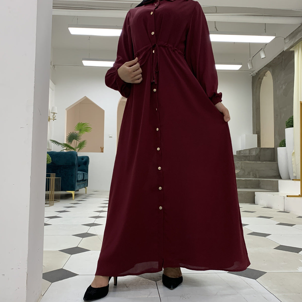 2025 New Fashion Muslim Lapel Cardigan Full Button Slim Drawstring Dress 6289