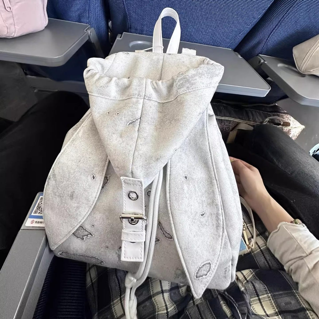 Retro Cute Rabbit Ears Backpack 2025 Niche Design Drawstring Casual Large Capacity Diagonal Backpack
