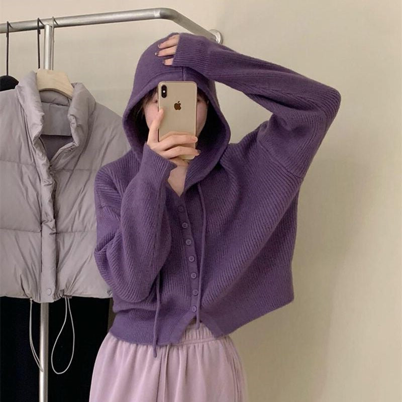 Gentle Style Hooded Knitted Cardigan Women's Elegant Top Loose Sweater Shawl Outer Single-Breasted Casual Sweatshirt