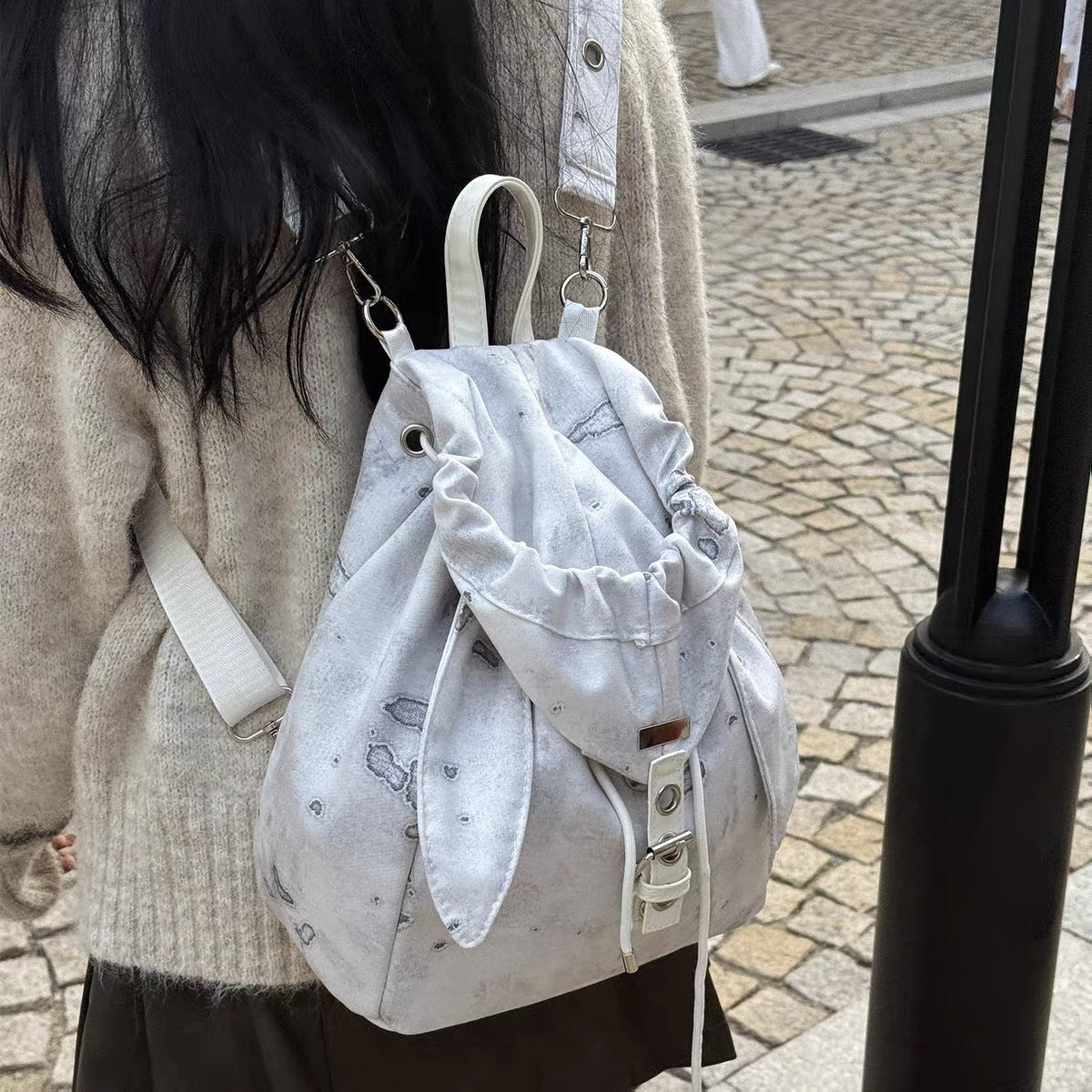 Retro Cute Rabbit Ears Backpack 2025 Niche Design Drawstring Casual Large Capacity Diagonal Backpack