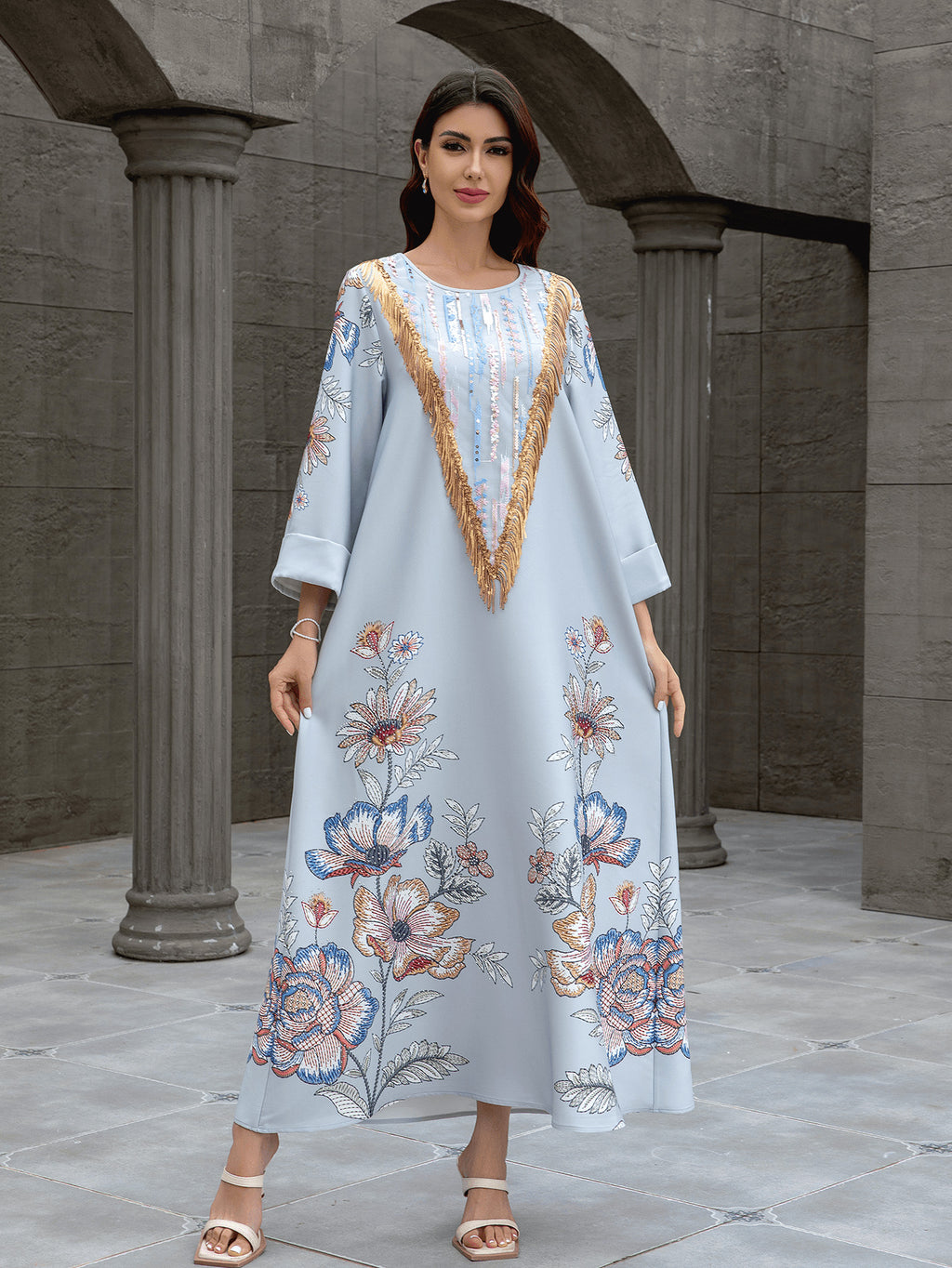 Sw0830 Middle Eastern Cross-Border Muslim Women's Long Robe Amazon Dubai European and American Printed Beaded Dress with Rhinestones