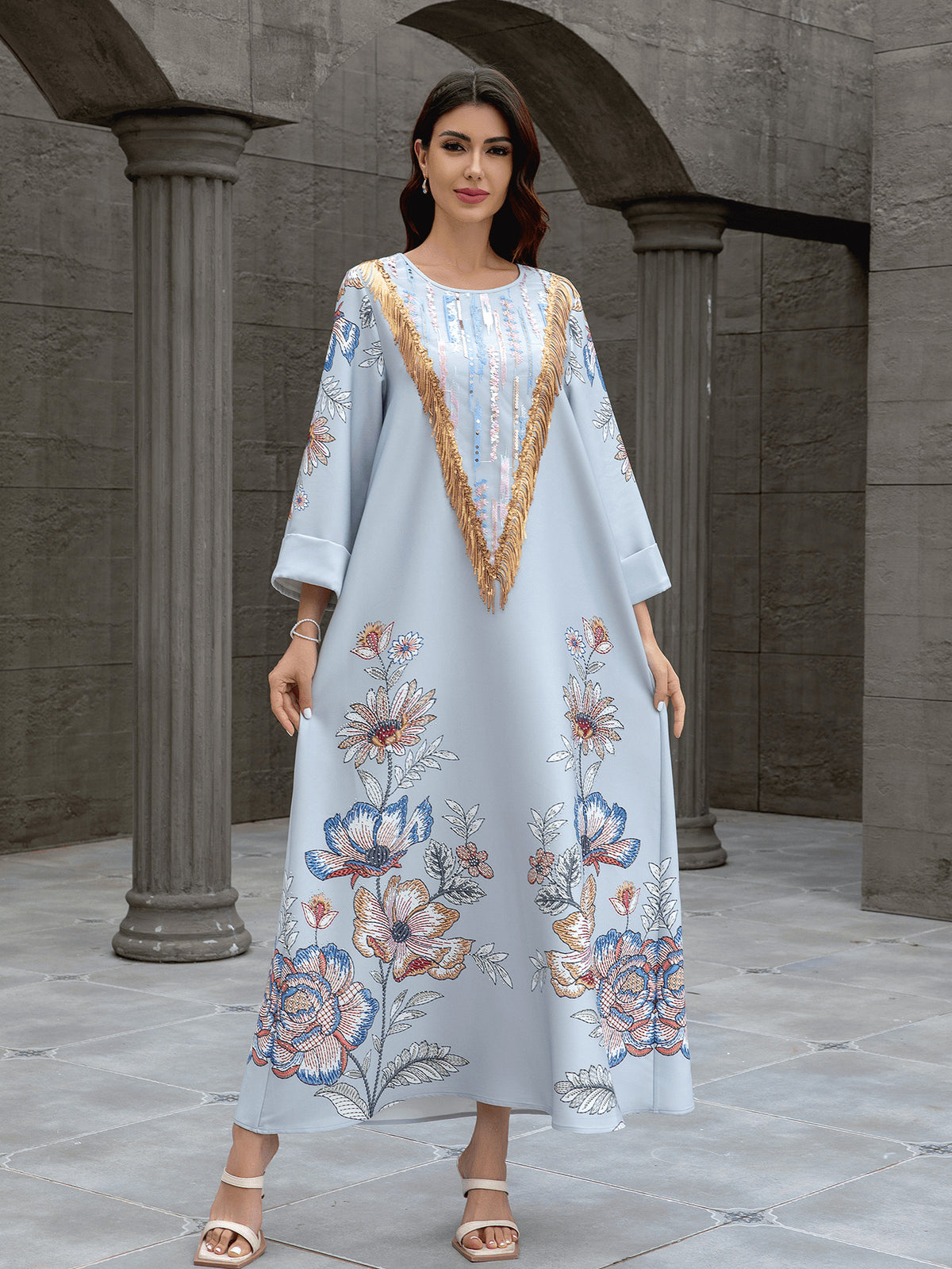 Sw0830 Middle Eastern Cross-Border Muslim Women's Long Robe Amazon Dubai European and American Printed Beaded Dress with Rhinestones