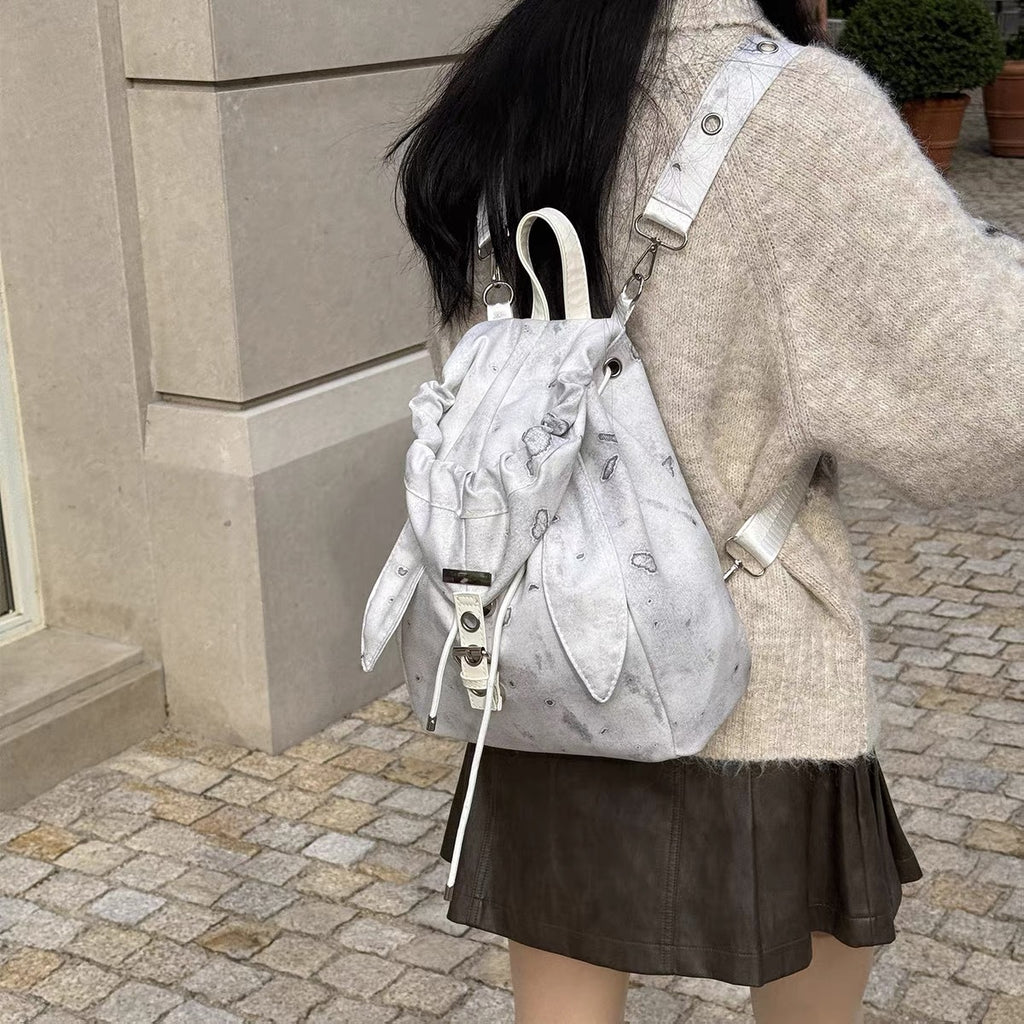 Retro Cute Rabbit Ears Backpack 2025 Niche Design Drawstring Casual Large Capacity Diagonal Backpack