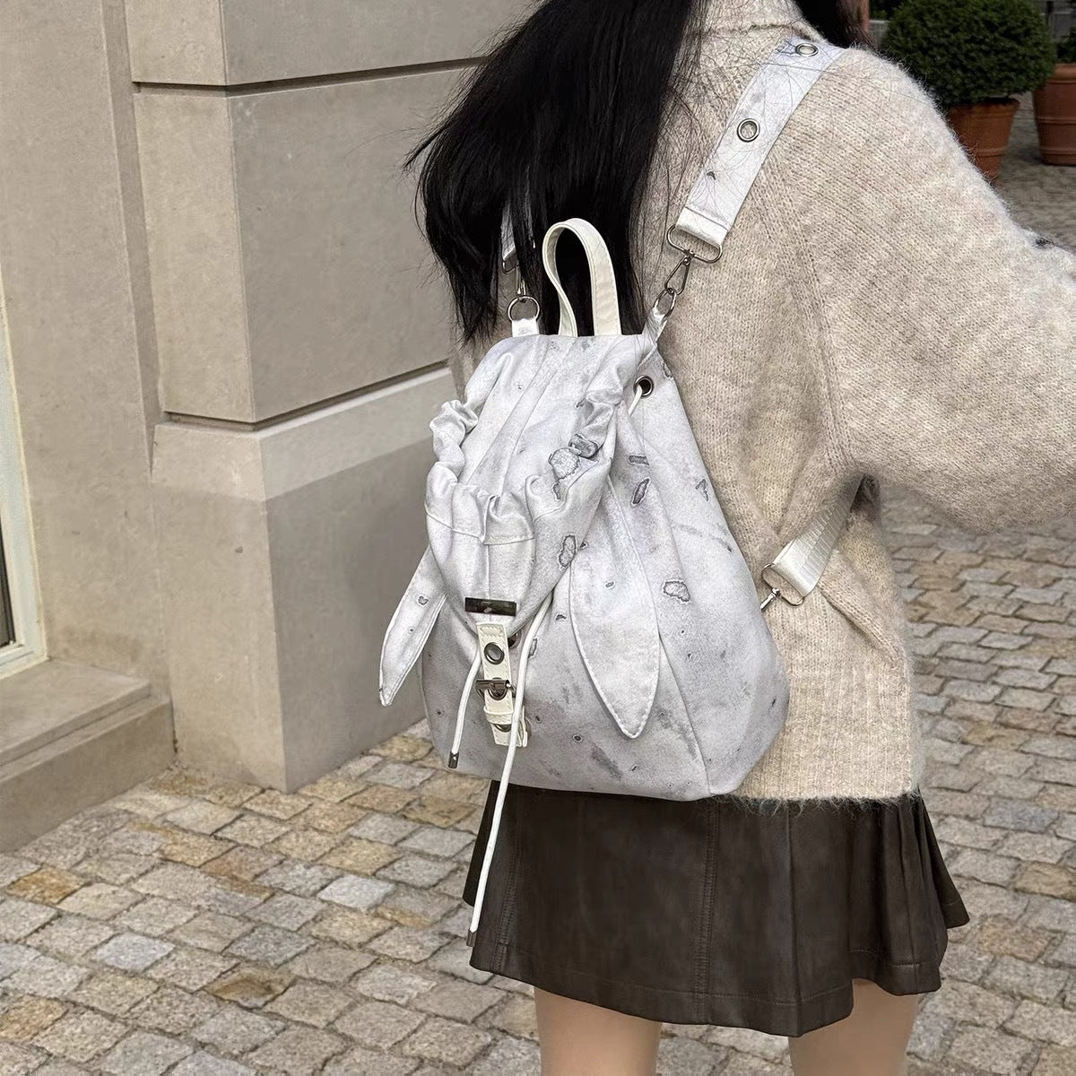 Retro Cute Rabbit Ears Backpack 2025 Niche Design Drawstring Casual Large Capacity Diagonal Backpack
