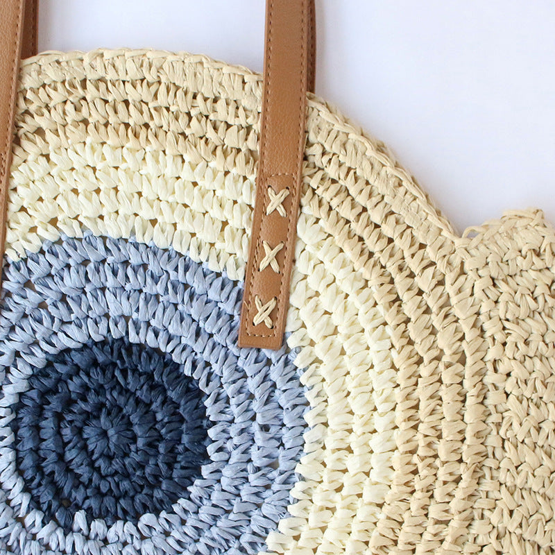 Straw Woven Bag New Shoulder Women's Bag Handmade Woven Straw Bag Beach Bag Color Contrast Fashion All-match Leisure Travel