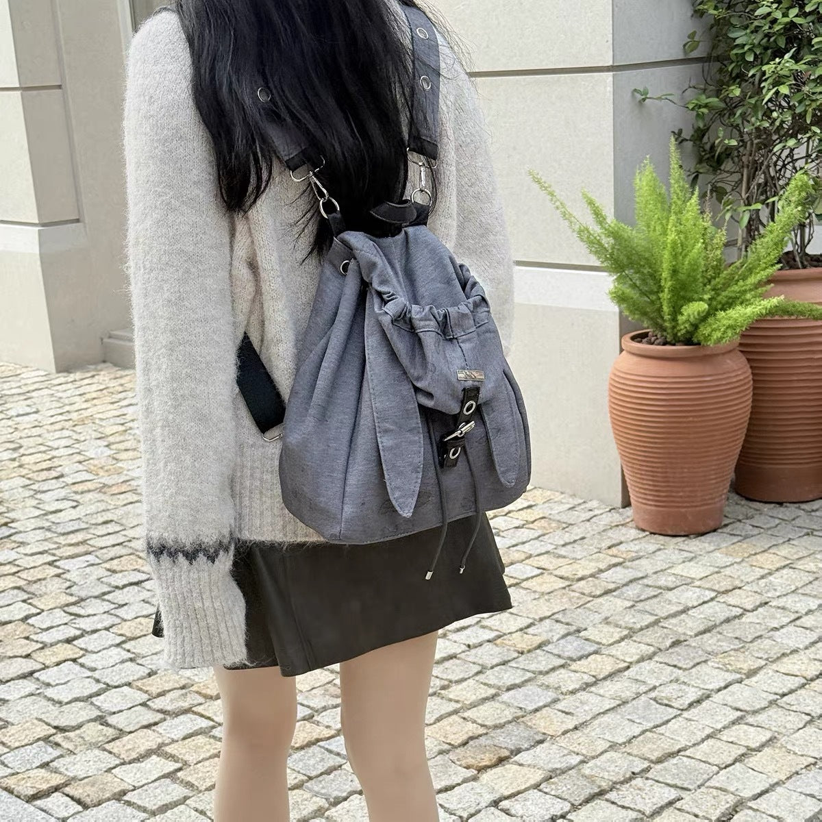 Retro Cute Rabbit Ears Backpack 2025 Niche Design Drawstring Casual Large Capacity Diagonal Backpack