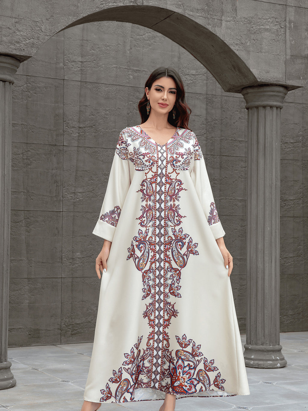 Sw0826 Middle East Cross-Border Muslim Women's Robe Elegant Printed Beaded Dress Dubai Export Abaya