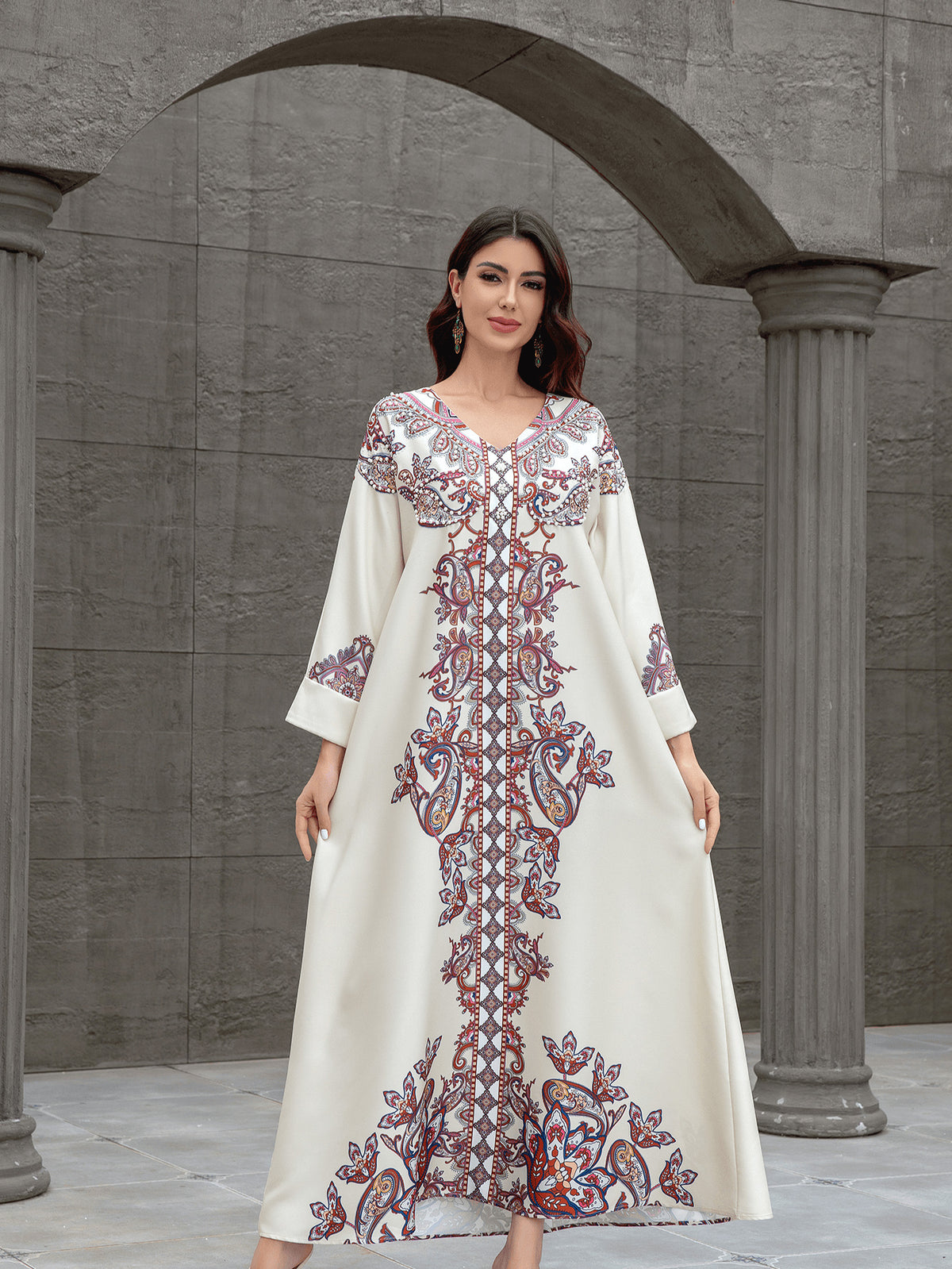 Sw0826 Middle East Cross-Border Muslim Women's Robe Elegant Printed Beaded Dress Dubai Export Abaya