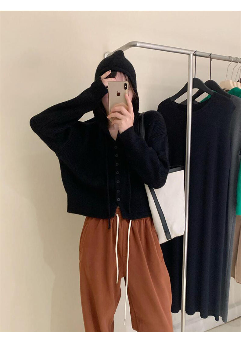 Gentle Style Hooded Knitted Cardigan Women's Elegant Top Loose Sweater Shawl Outer Single-Breasted Casual Sweatshirt