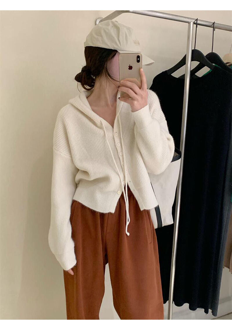 Gentle Style Hooded Knitted Cardigan Women's Elegant Top Loose Sweater Shawl Outer Single-Breasted Casual Sweatshirt