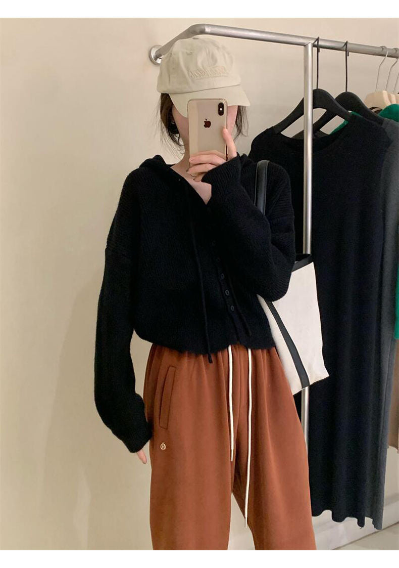 Gentle Style Hooded Knitted Cardigan Women's Elegant Top Loose Sweater Shawl Outer Single-Breasted Casual Sweatshirt