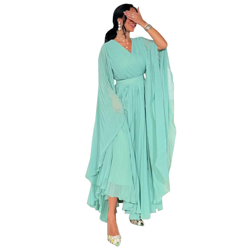Mq157 Muslim Fashion Amazon European and American Dubai Elegant Long Skirt with Large Hem Chiffon Pleated Pure Color Robe