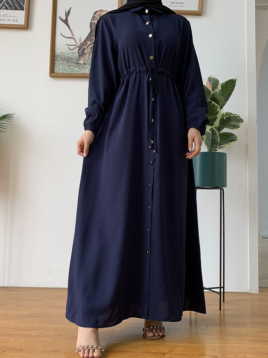 2025 New Fashion Muslim Lapel Cardigan Full Button Slim Drawstring Dress 6289