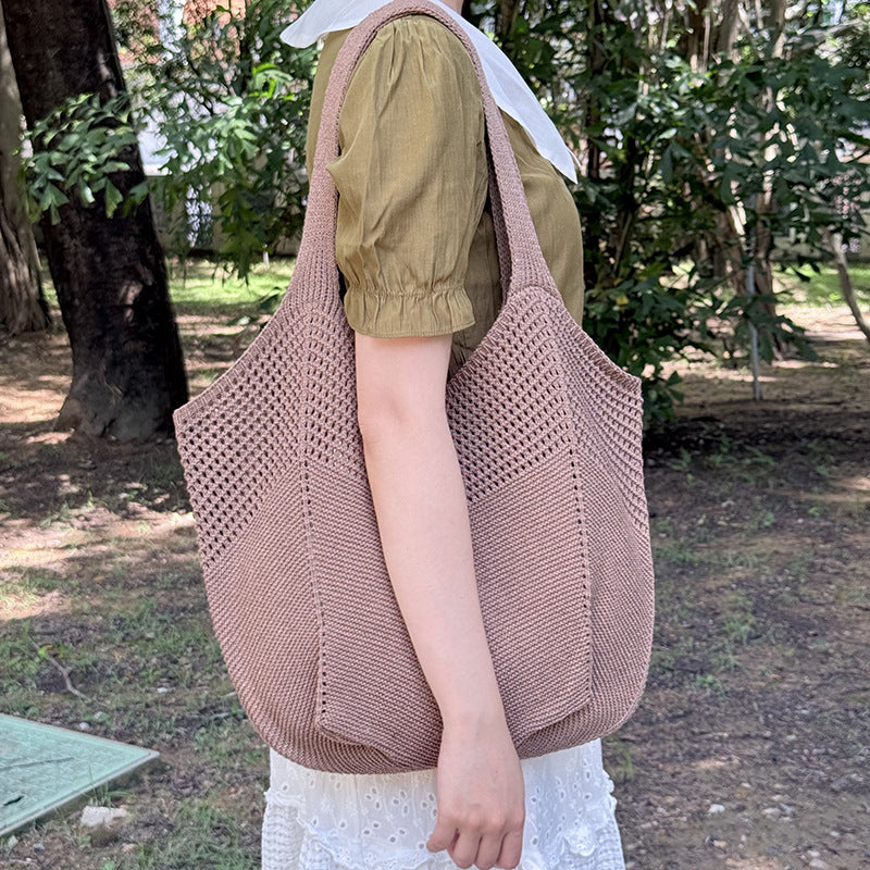 Summer Lazy Style Large-Capacity Hollow-Out Knit Bag for Women, Versatile and Stylish with a High-End Feel, Vacation Style
