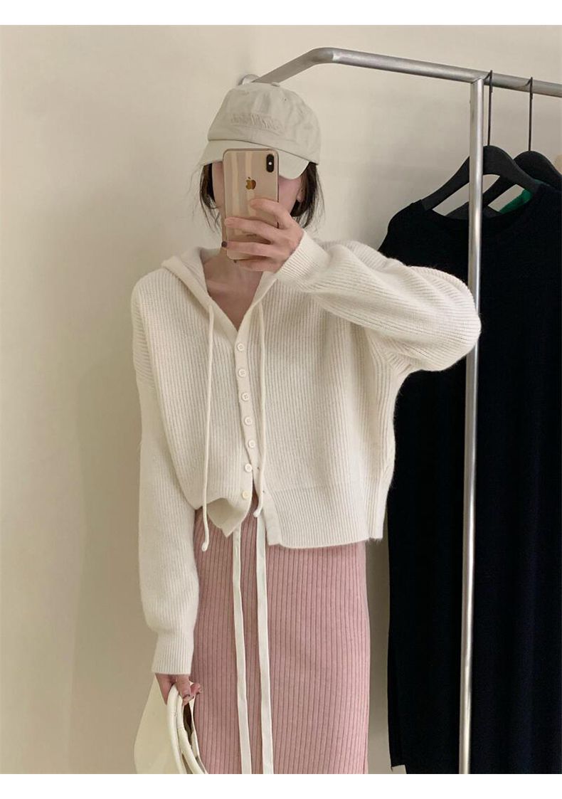 Gentle Style Hooded Knitted Cardigan Women's Elegant Top Loose Sweater Shawl Outer Single-Breasted Casual Sweatshirt