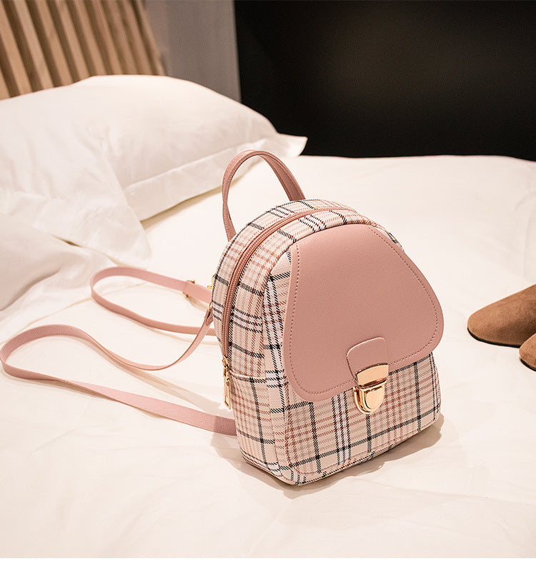 Small School Bag 2024 Korean Style Fashionable Small Backpack Satchel Shoulder Crossbody Bag Contrasting Color Mobile Phone Bag Pu Plaid Backpack