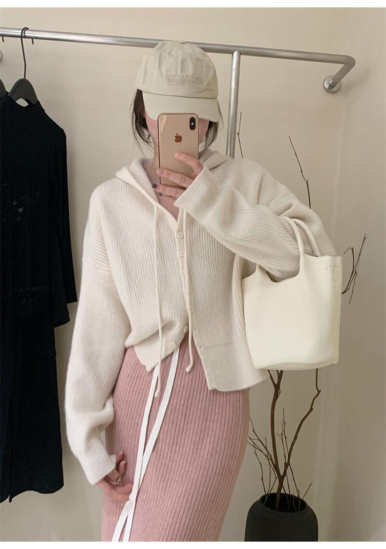 Gentle Style Hooded Knitted Cardigan Women's Elegant Top Loose Sweater Shawl Outer Single-Breasted Casual Sweatshirt