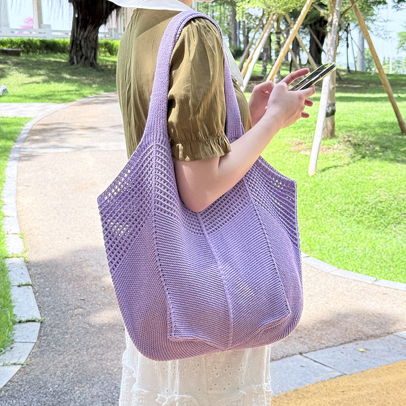 Summer Lazy Style Large-Capacity Hollow-Out Knit Bag for Women, Versatile and Stylish with a High-End Feel, Vacation Style