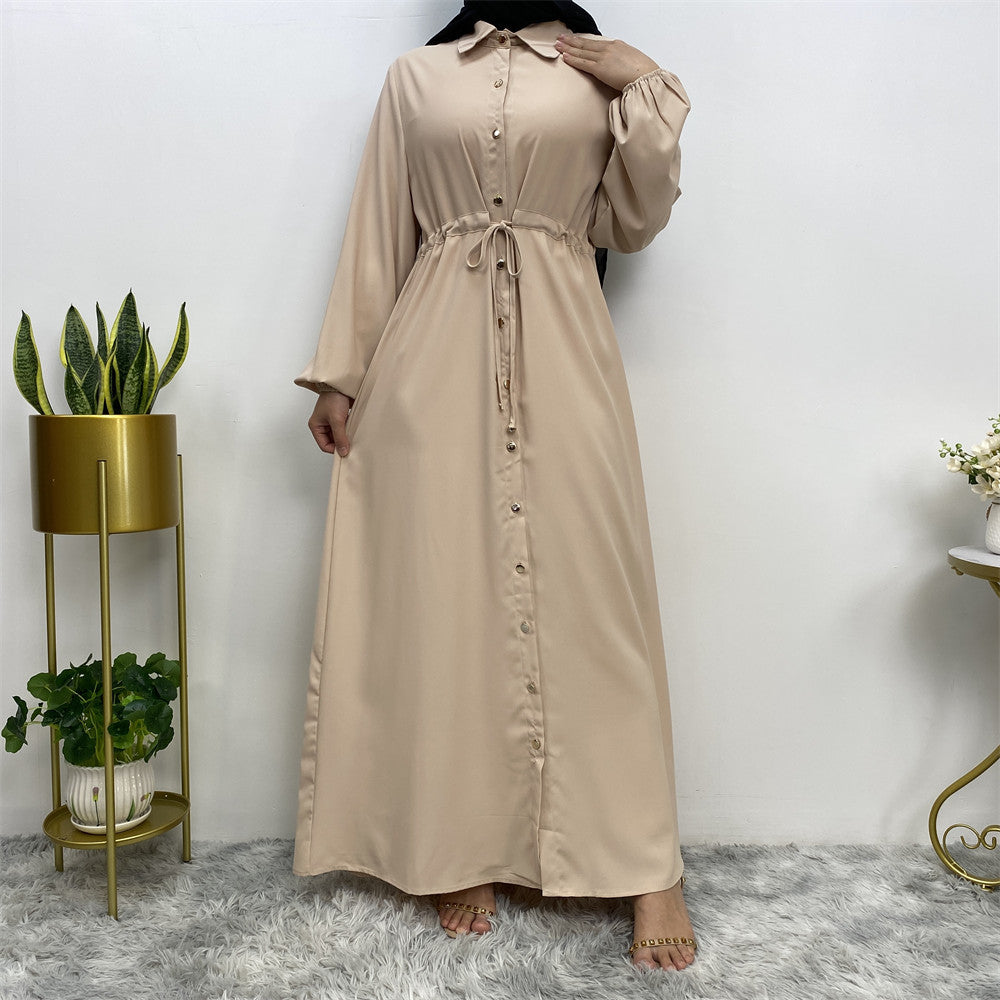 2025 New Fashion Muslim Lapel Cardigan Full Button Slim Drawstring Dress 6289