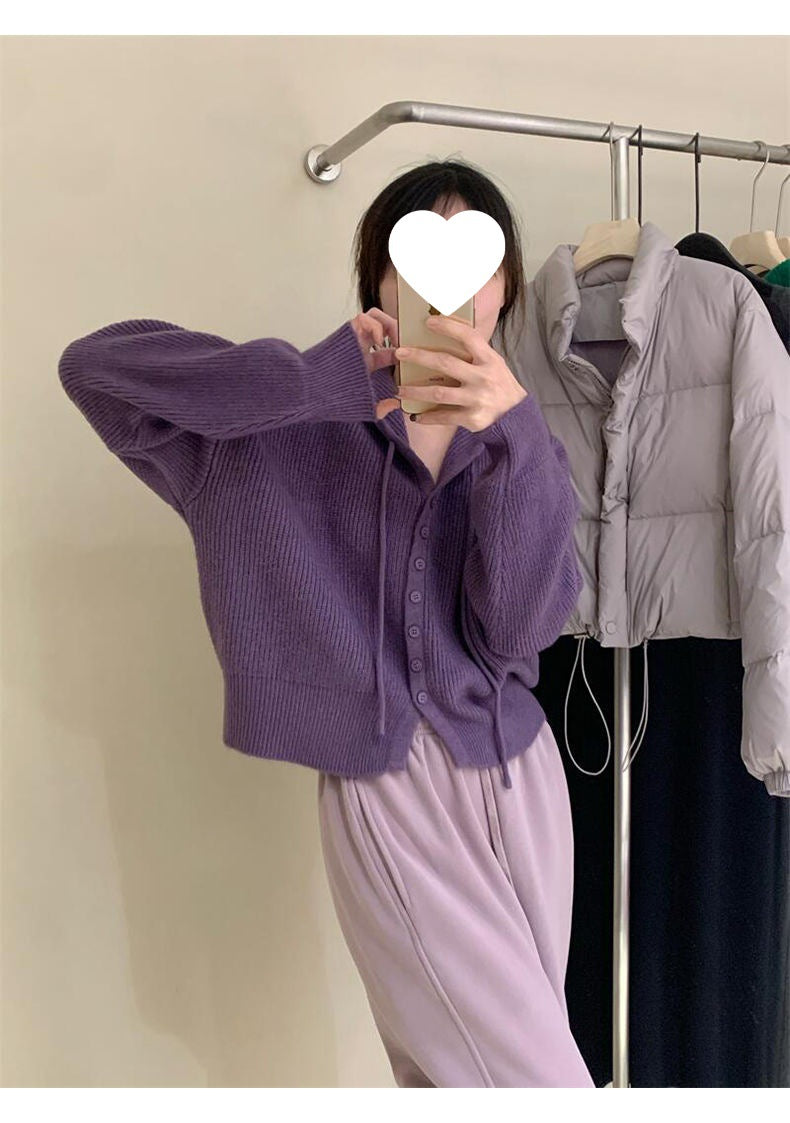 Gentle Style Hooded Knitted Cardigan Women's Elegant Top Loose Sweater Shawl Outer Single-Breasted Casual Sweatshirt