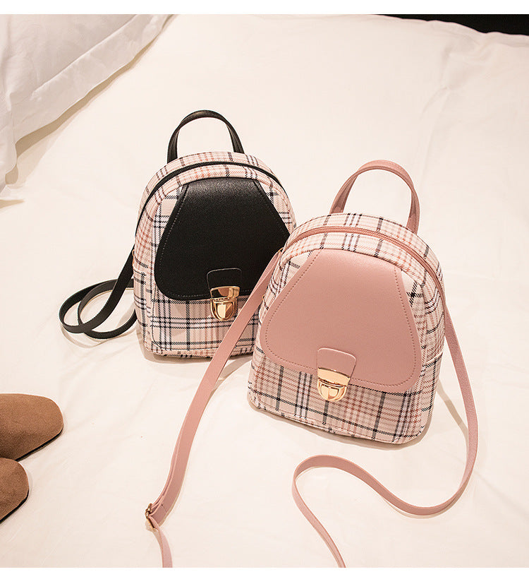 Small School Bag 2024 Korean Style Fashionable Small Backpack Satchel Shoulder Crossbody Bag Contrasting Color Mobile Phone Bag Pu Plaid Backpack