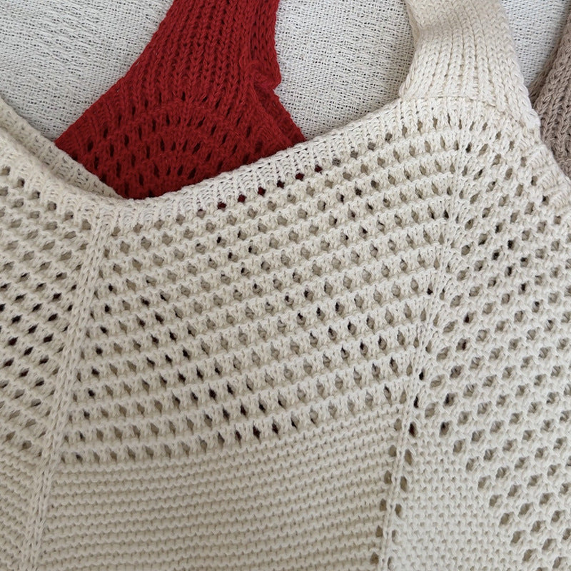 Summer Lazy Style Large-Capacity Hollow-Out Knit Bag for Women, Versatile and Stylish with a High-End Feel, Vacation Style