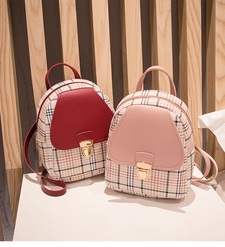 Small School Bag 2024 Korean Style Fashionable Small Backpack Satchel Shoulder Crossbody Bag Contrasting Color Mobile Phone Bag Pu Plaid Backpack