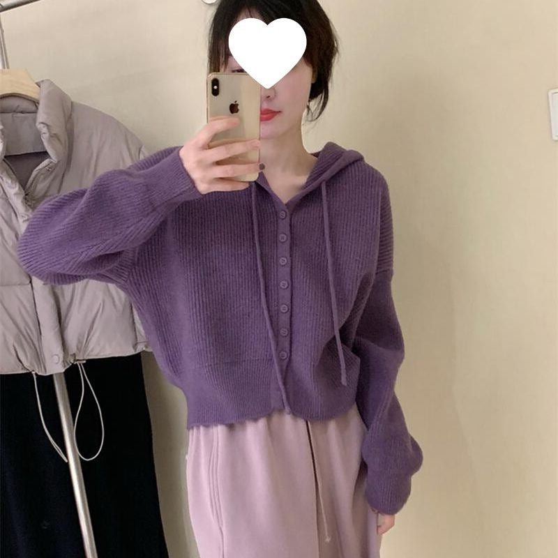 Gentle Style Hooded Knitted Cardigan Women's Elegant Top Loose Sweater Shawl Outer Single-Breasted Casual Sweatshirt