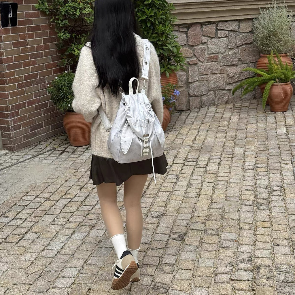 Retro Cute Rabbit Ears Backpack 2025 Niche Design Drawstring Casual Large Capacity Diagonal Backpack