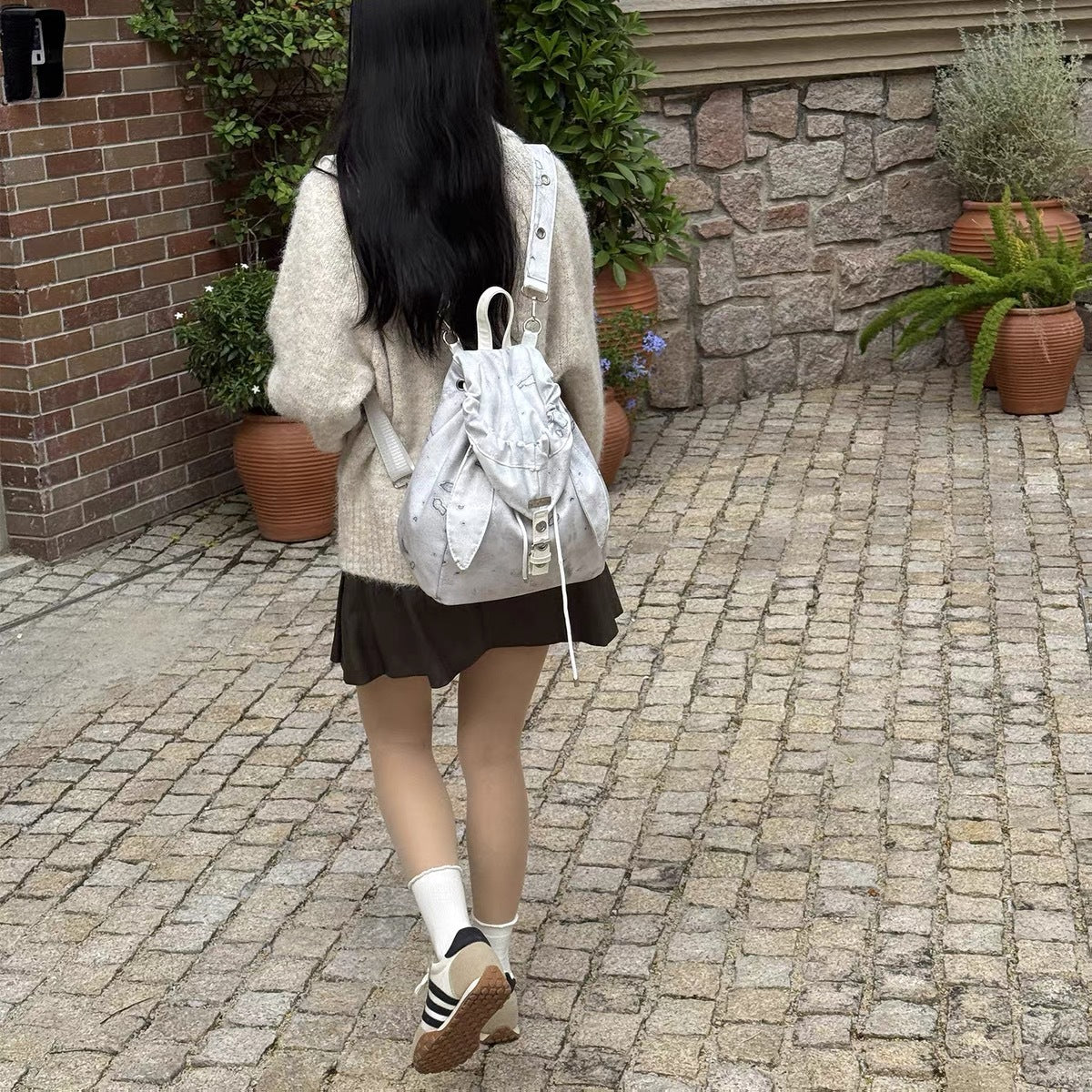 Retro Cute Rabbit Ears Backpack 2025 Niche Design Drawstring Casual Large Capacity Diagonal Backpack