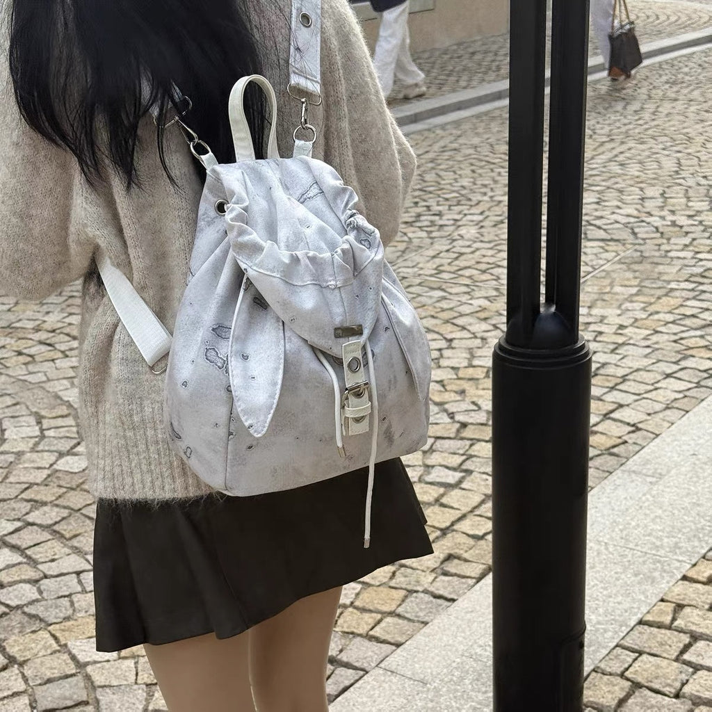 Retro Cute Rabbit Ears Backpack 2025 Niche Design Drawstring Casual Large Capacity Diagonal Backpack