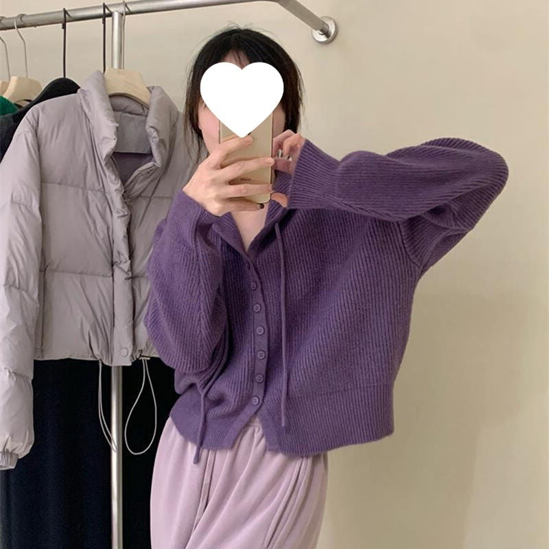 Gentle Style Hooded Knitted Cardigan Women's Elegant Top Loose Sweater Shawl Outer Single-Breasted Casual Sweatshirt