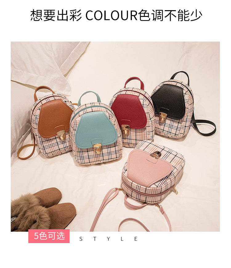 Small School Bag 2024 Korean Style Fashionable Small Backpack Satchel Shoulder Crossbody Bag Contrasting Color Mobile Phone Bag Pu Plaid Backpack