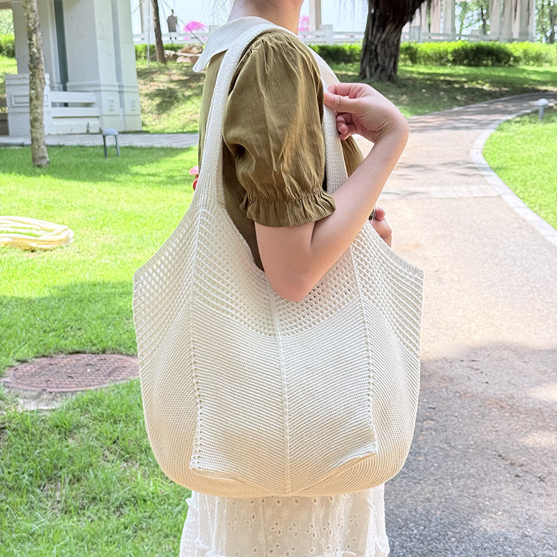 Summer Lazy Style Large-Capacity Hollow-Out Knit Bag for Women, Versatile and Stylish with a High-End Feel, Vacation Style
