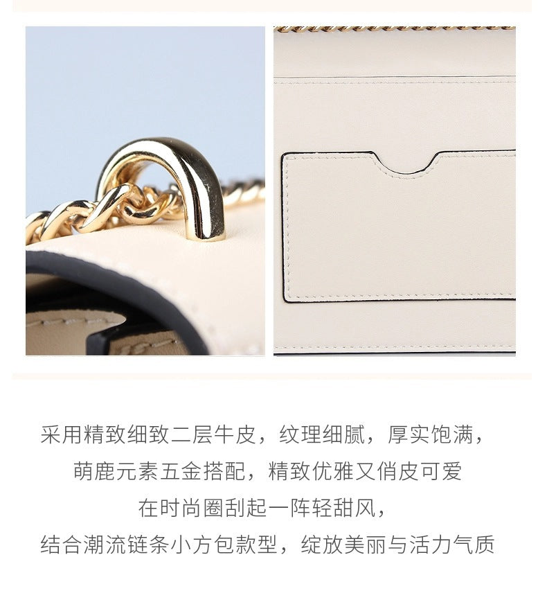 Genuine Leather Chain Small Square Bag 2026 New Model Niche Gift for Girlfriend Fashionable Versatile Deer Head Shoulder Crossbody Women's Bag