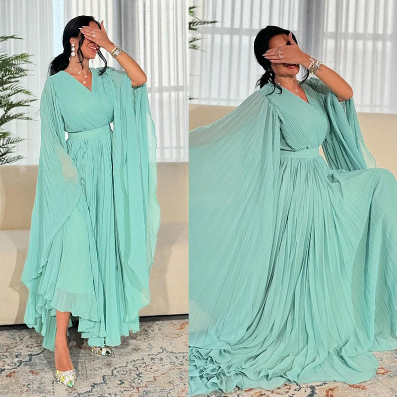 Mq157 Muslim Fashion Amazon European and American Dubai Elegant Long Skirt with Large Hem Chiffon Pleated Pure Color Robe