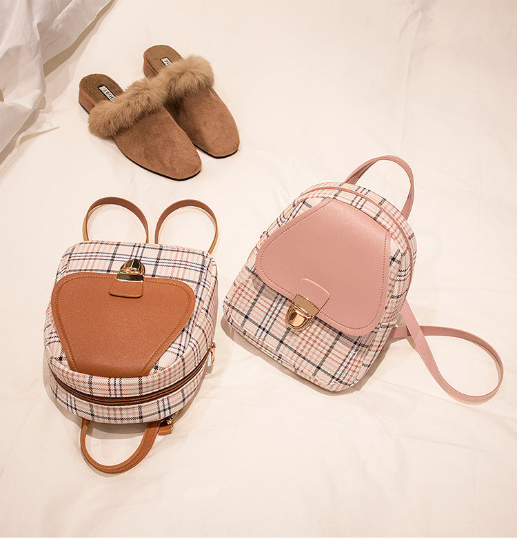 Small School Bag 2024 Korean Style Fashionable Small Backpack Satchel Shoulder Crossbody Bag Contrasting Color Mobile Phone Bag Pu Plaid Backpack