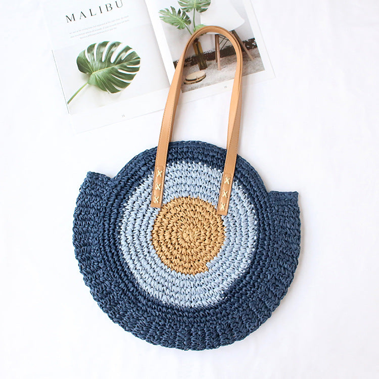 Straw Woven Bag New Shoulder Women's Bag Handmade Woven Straw Bag Beach Bag Color Contrast Fashion All-match Leisure Travel