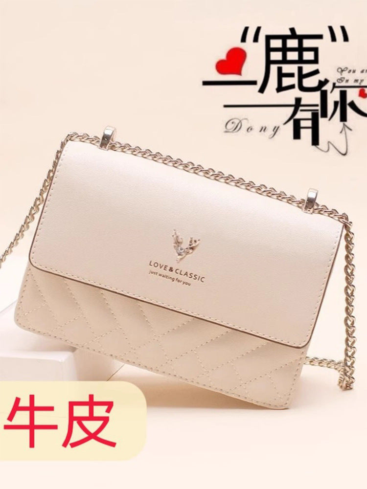 Genuine Leather Chain Small Square Bag 2026 New Model Niche Gift for Girlfriend Fashionable Versatile Deer Head Shoulder Crossbody Women's Bag