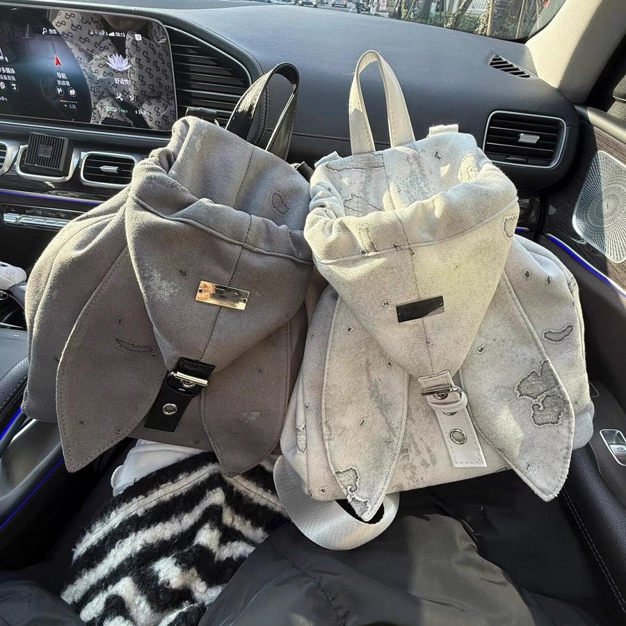 Retro Cute Rabbit Ears Backpack 2025 Niche Design Drawstring Casual Large Capacity Diagonal Backpack