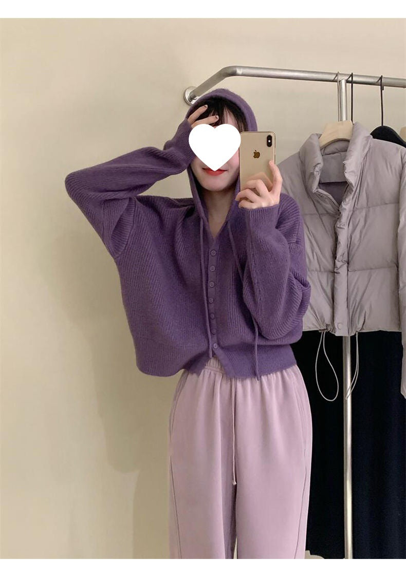 Gentle Style Hooded Knitted Cardigan Women's Elegant Top Loose Sweater Shawl Outer Single-Breasted Casual Sweatshirt