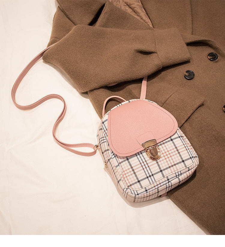 Small School Bag 2024 Korean Style Fashionable Small Backpack Satchel Shoulder Crossbody Bag Contrasting Color Mobile Phone Bag Pu Plaid Backpack