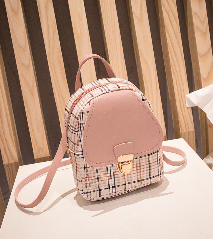 Small School Bag 2024 Korean Style Fashionable Small Backpack Satchel Shoulder Crossbody Bag Contrasting Color Mobile Phone Bag Pu Plaid Backpack