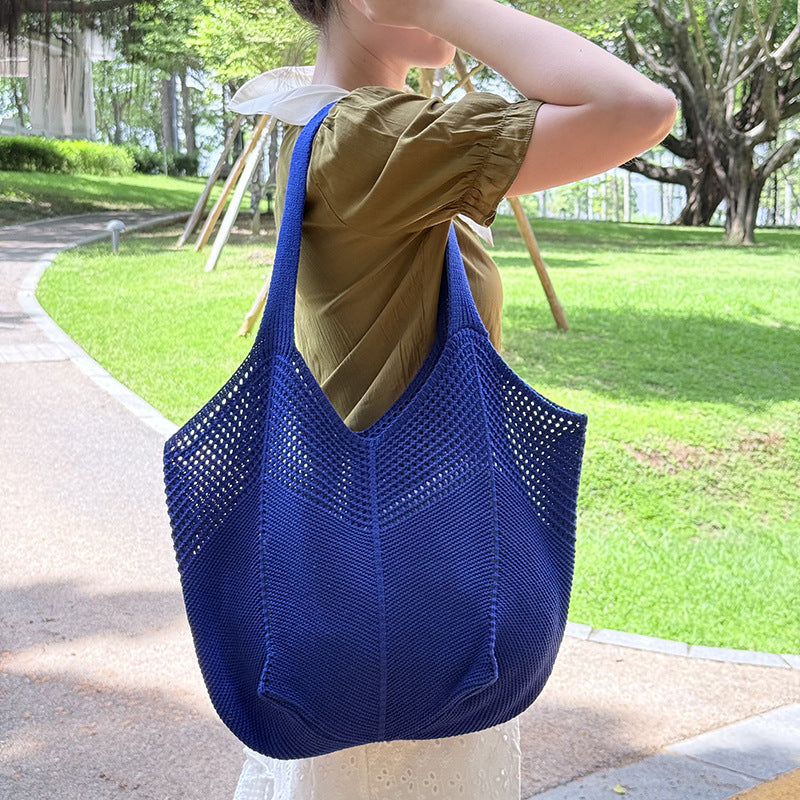 Summer Lazy Style Large-Capacity Hollow-Out Knit Bag for Women, Versatile and Stylish with a High-End Feel, Vacation Style