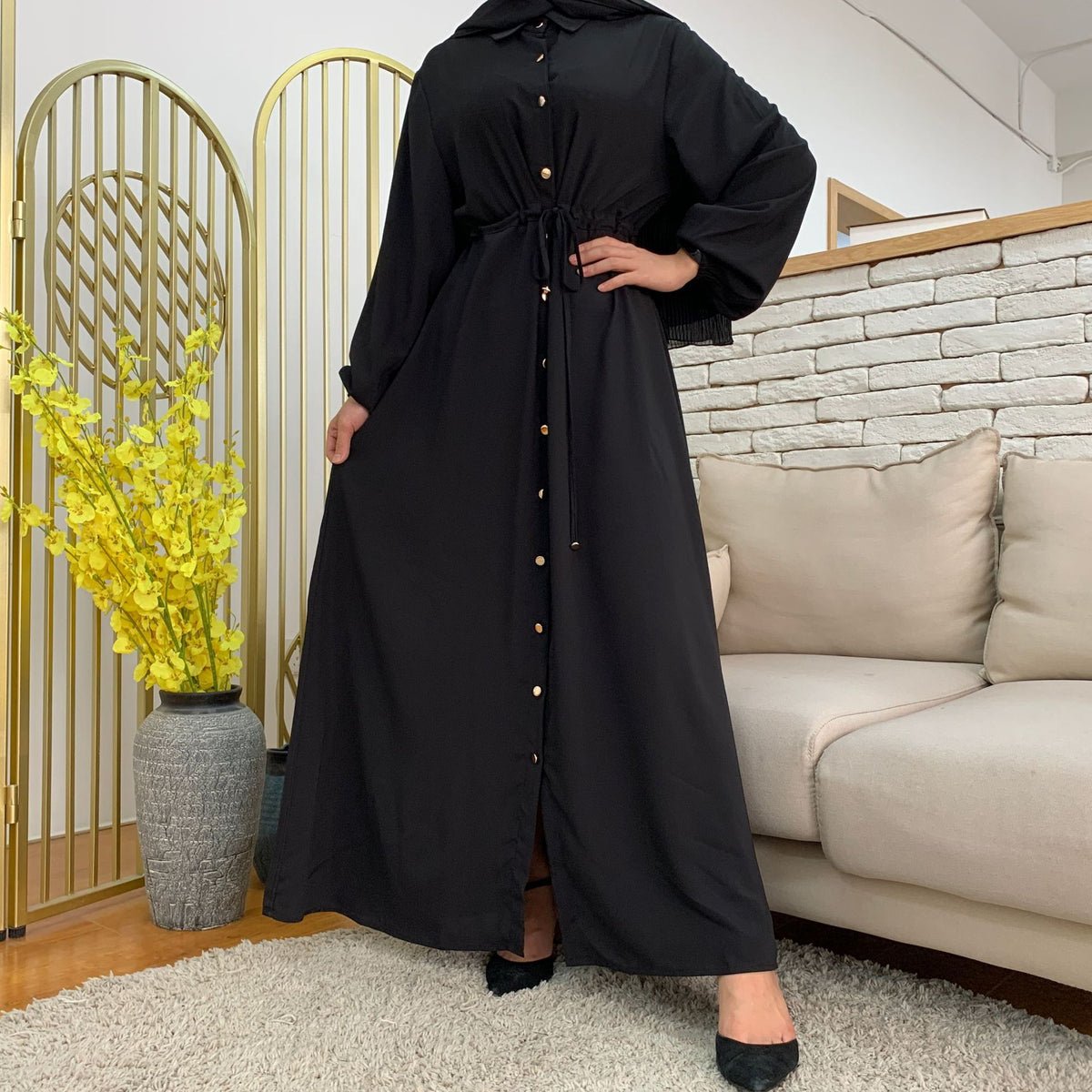 2025 New Fashion Muslim Lapel Cardigan Full Button Slim Drawstring Dress 6289