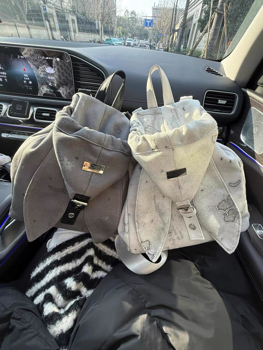 Retro Cute Rabbit Ears Backpack 2025 Niche Design Drawstring Casual Large Capacity Diagonal Backpack
